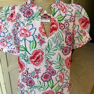 Crown Floral Puff Sleeve Blouse - Pink and Red